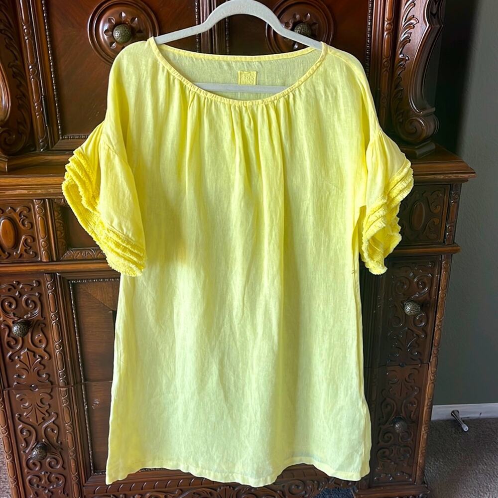 120% Lino yellow linen ruffle sleeve midi preppy resort beach boho coastal dress
